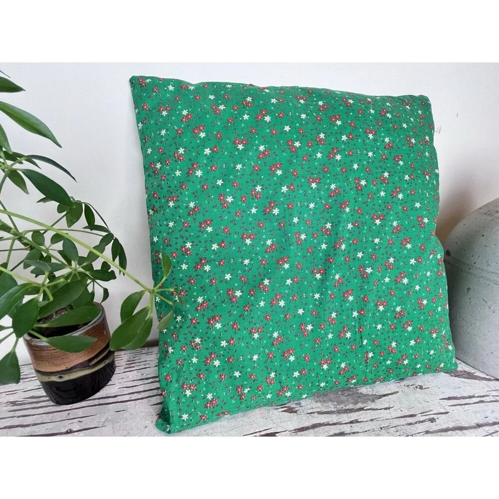 Vintage 1970’s Green Floral Fabric Hand Sewn Square Throw Pillow 15” Cottage